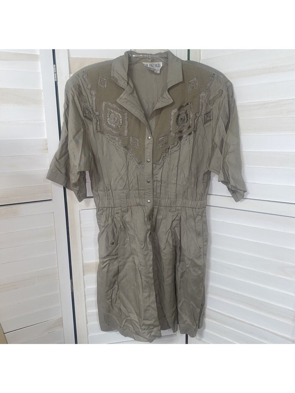 Vintage 80s Together Khaki Playsuit Shorts Romper 1 Piece Missy Sz 6
